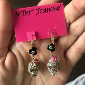 Gold Skull and Rose Dangle Earrings